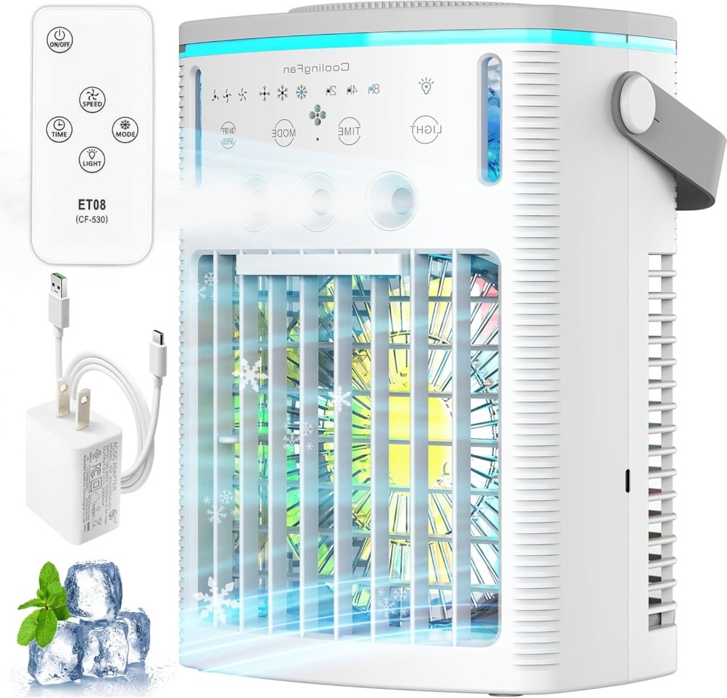 Portable Air Conditioners Fan,Small Cooler Evaporative Air Conditioner with Remoter,Mini Portable AC for Room Camping Car Office,3 - in - 1 Desktop Personal Mini Cooler with Colorful Night Light - Gray - Wigtrends