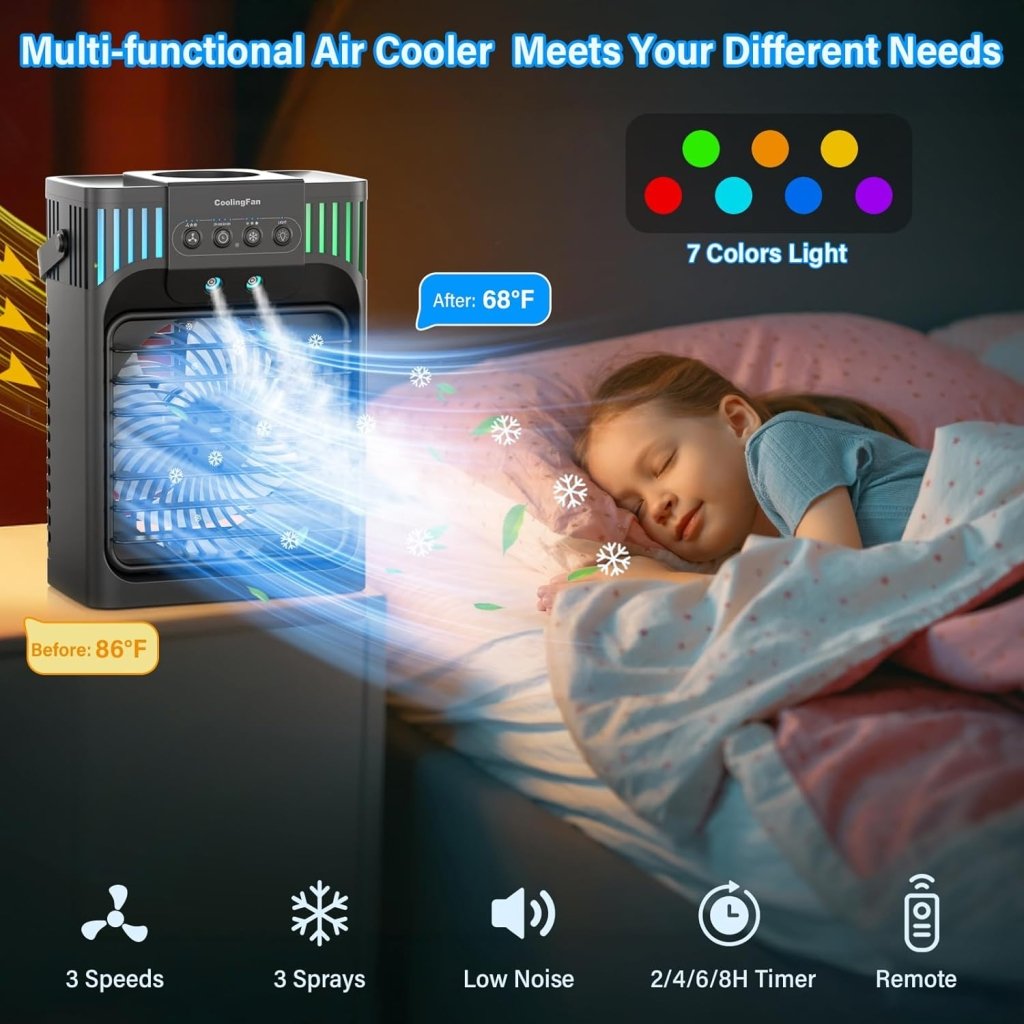 Portable Air Conditioners,4 - in - 1 Evaporative Air Cooler with 3 Speeds, 3 Modes & 7 LED Light Cooling Fan with Remote, 2 - 8H Timer, 1200ML Personal Mini Air Conditioner for Bedroom and Office - Wigtrends