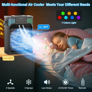 Portable Air Conditioners,4 - in - 1 Evaporative Air Cooler with 3 Speeds, 3 Modes & 7 LED Light Cooling Fan with Remote, 2 - 8H Timer, 1200ML Personal Mini Air Conditioner for Bedroom and Office - Wigtrends