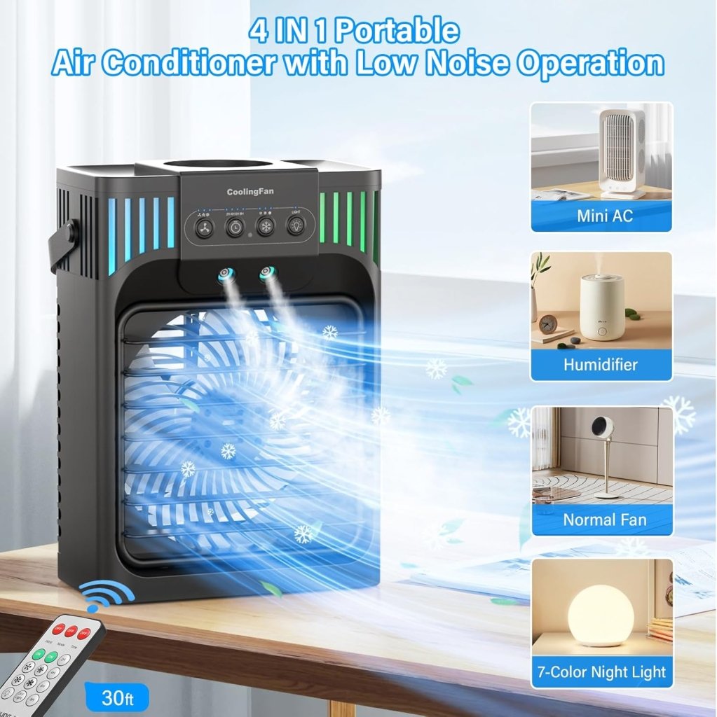 Portable Air Conditioners,4 - in - 1 Evaporative Air Cooler with 3 Speeds, 3 Modes & 7 LED Light Cooling Fan with Remote, 2 - 8H Timer, 1200ML Personal Mini Air Conditioner for Bedroom and Office - Wigtrends