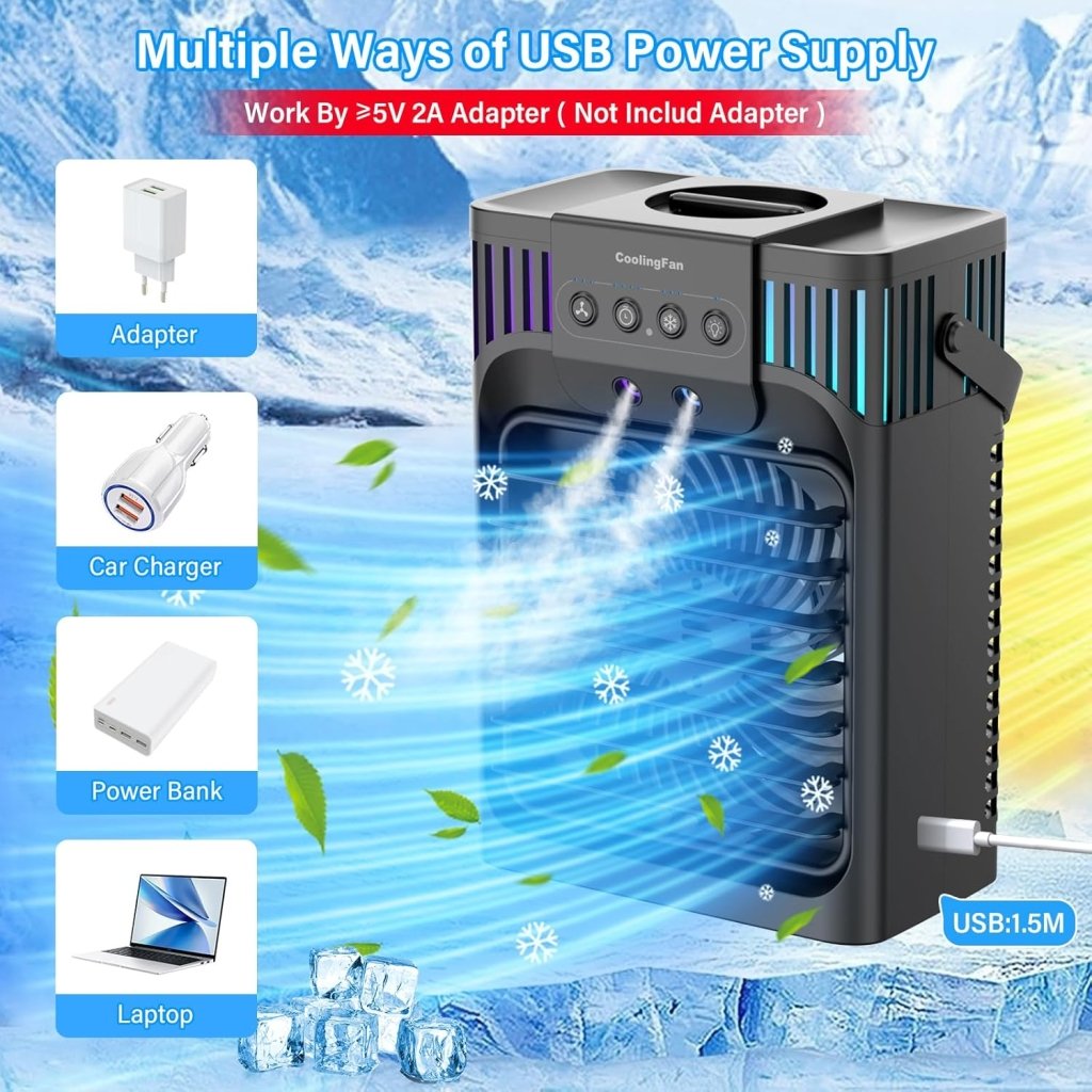 Portable Air Conditioners,4 - in - 1 Evaporative Air Cooler with 3 Speeds, 3 Modes & 7 LED Light Cooling Fan with Remote, 2 - 8H Timer, 1200ML Personal Mini Air Conditioner for Bedroom and Office - Wigtrends