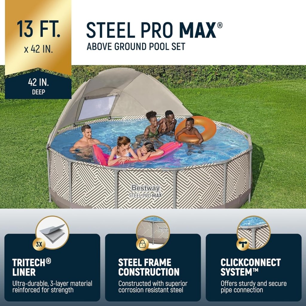 Power Steel 14’ x 42” Round Above Ground Outdoor Backyard Swimming Pool Set with 1,000 GPH Filter Pump, Ladder, and Pool Cover - Wigtrends