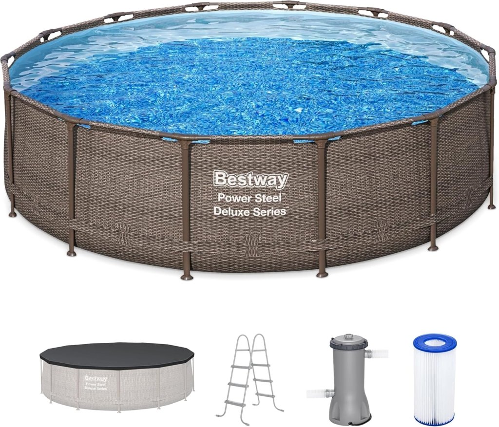 Power Steel 14’ x 42” Round Above Ground Outdoor Backyard Swimming Pool Set with 1,000 GPH Filter Pump, Ladder, and Pool Cover - Wigtrends