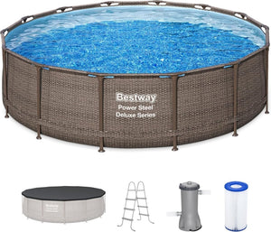 Power Steel 14’ x 42” Round Above Ground Outdoor Backyard Swimming Pool Set with 1,000 GPH Filter Pump, Ladder, and Pool Cover - Wigtrends
