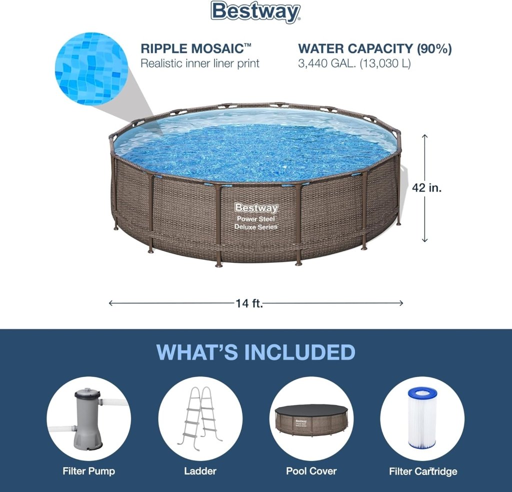 Power Steel 14’ x 42” Round Above Ground Outdoor Backyard Swimming Pool Set with 1,000 GPH Filter Pump, Ladder, and Pool Cover - Wigtrends