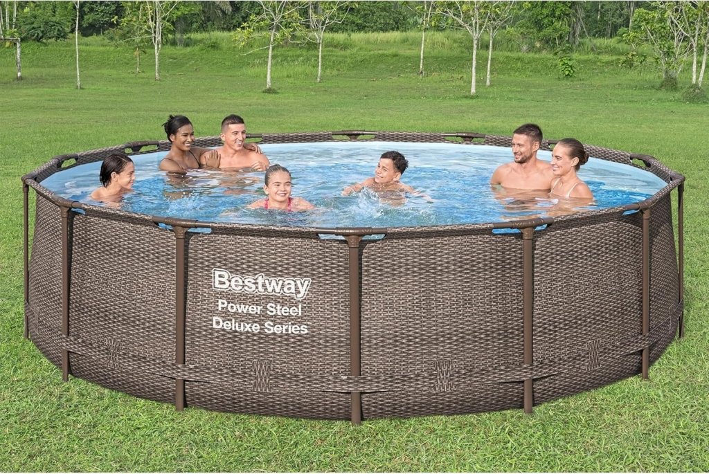 Power Steel 14’ x 42” Round Above Ground Outdoor Backyard Swimming Pool Set with 1,000 GPH Filter Pump, Ladder, and Pool Cover - Wigtrends