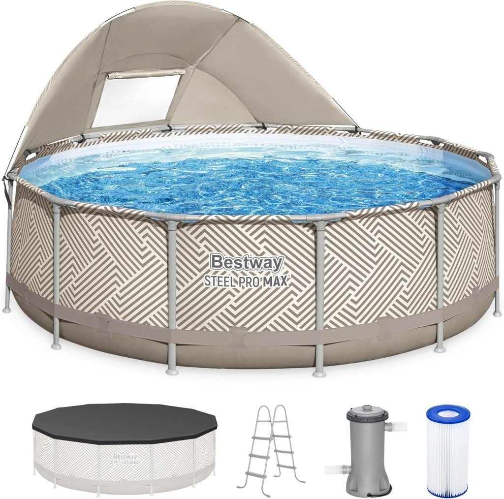 Power Steel 14’ x 42” Round Above Ground Outdoor Backyard Swimming Pool Set with 1,000 GPH Filter Pump, Ladder, and Pool Cover - Wigtrends