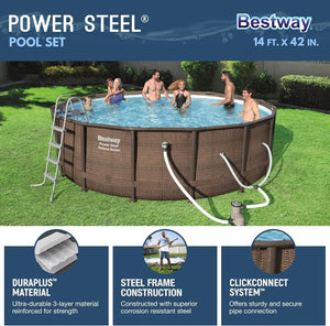 Power Steel 14’ x 42” Round Above Ground Outdoor Backyard Swimming Pool Set with 1,000 GPH Filter Pump, Ladder, and Pool Cover - Wigtrends