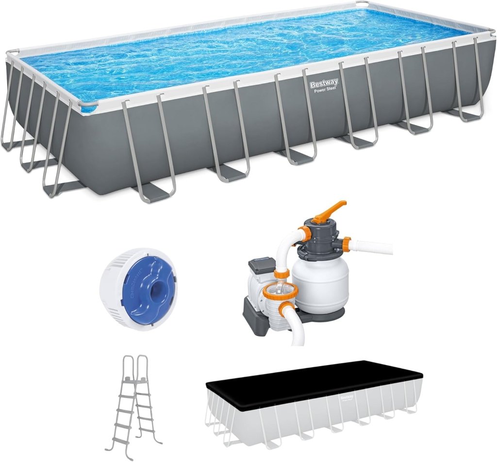 Power Steel 14' x 8'2" x 39.5" Oval Above Ground Pool Set | Includes 530gal Filter Pump, Ladder, ChemConnect Dispener - Wigtrends