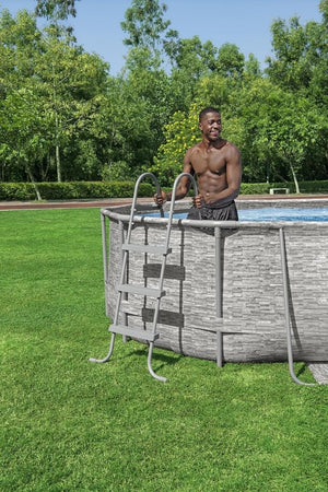 Power Steel 14' x 8'2" x 39.5" Oval Above Ground Pool Set | Includes 530gal Filter Pump, Ladder, ChemConnect Dispener - Wigtrends