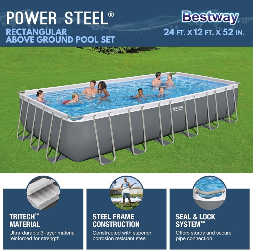 Power Steel 14' x 8'2" x 39.5" Oval Above Ground Pool Set | Includes 530gal Filter Pump, Ladder, ChemConnect Dispener - Wigtrends