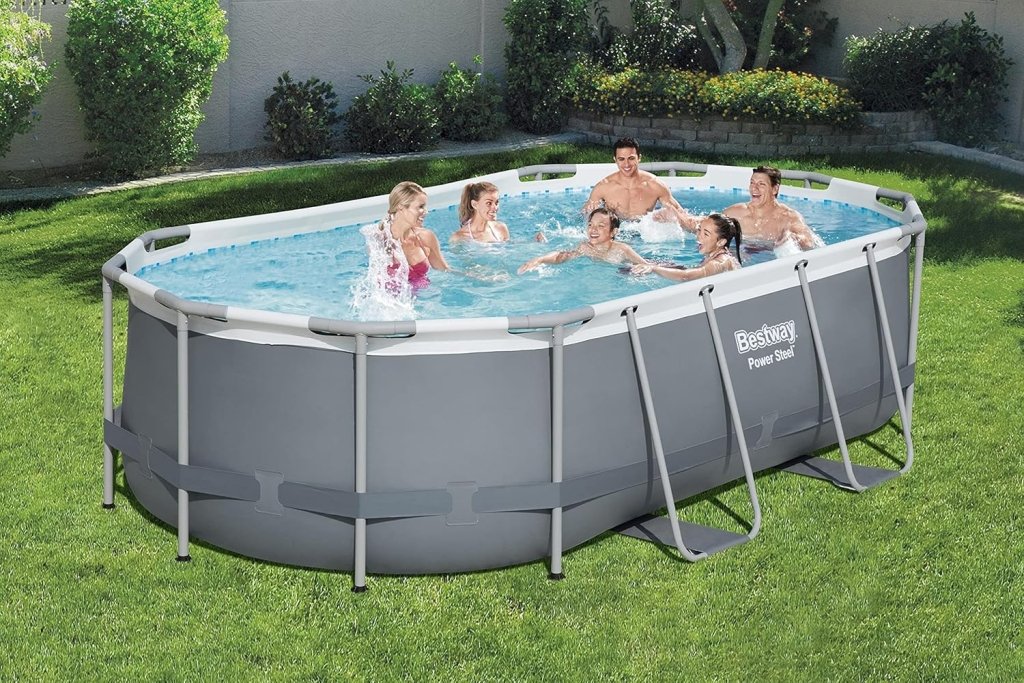 Power Steel 14' x 8'2" x 39.5" Oval Above Ground Pool Set | Includes 530gal Filter Pump, Ladder, ChemConnect Dispener - Wigtrends