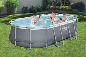 Power Steel 14' x 8'2" x 39.5" Oval Above Ground Pool Set | Includes 530gal Filter Pump, Ladder, ChemConnect Dispener - Wigtrends