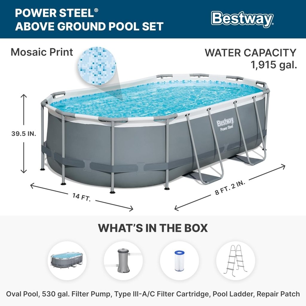 Power Steel 14' x 8'2" x 39.5" Oval Above Ground Pool Set | Includes 530gal Filter Pump, Ladder, ChemConnect Dispener - Wigtrends