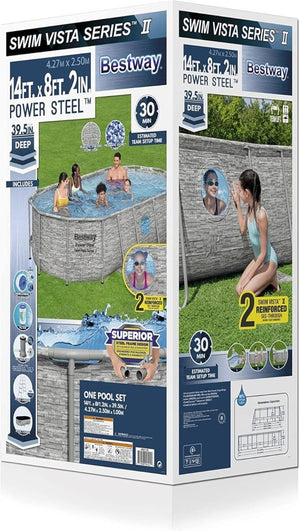 Power Steel 14' x 8'2" x 39.5" Oval Above Ground Pool Set | Includes 530gal Filter Pump, Ladder, ChemConnect Dispener - Wigtrends