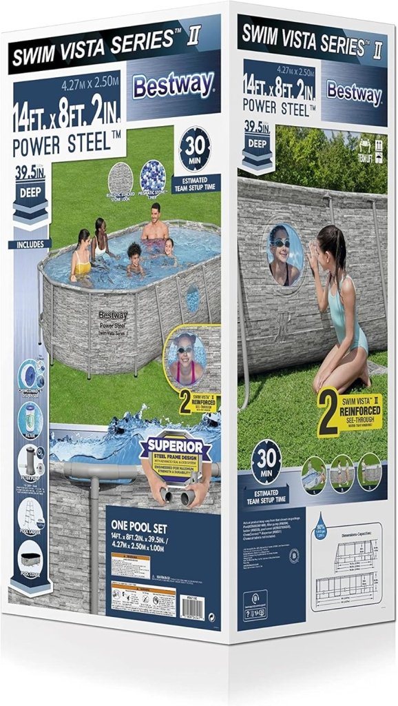 Power Steel 14' x 8'2" x 39.5" Oval Above Ground Pool Set | Includes 530gal Filter Pump, Ladder, ChemConnect Dispener - Wigtrends