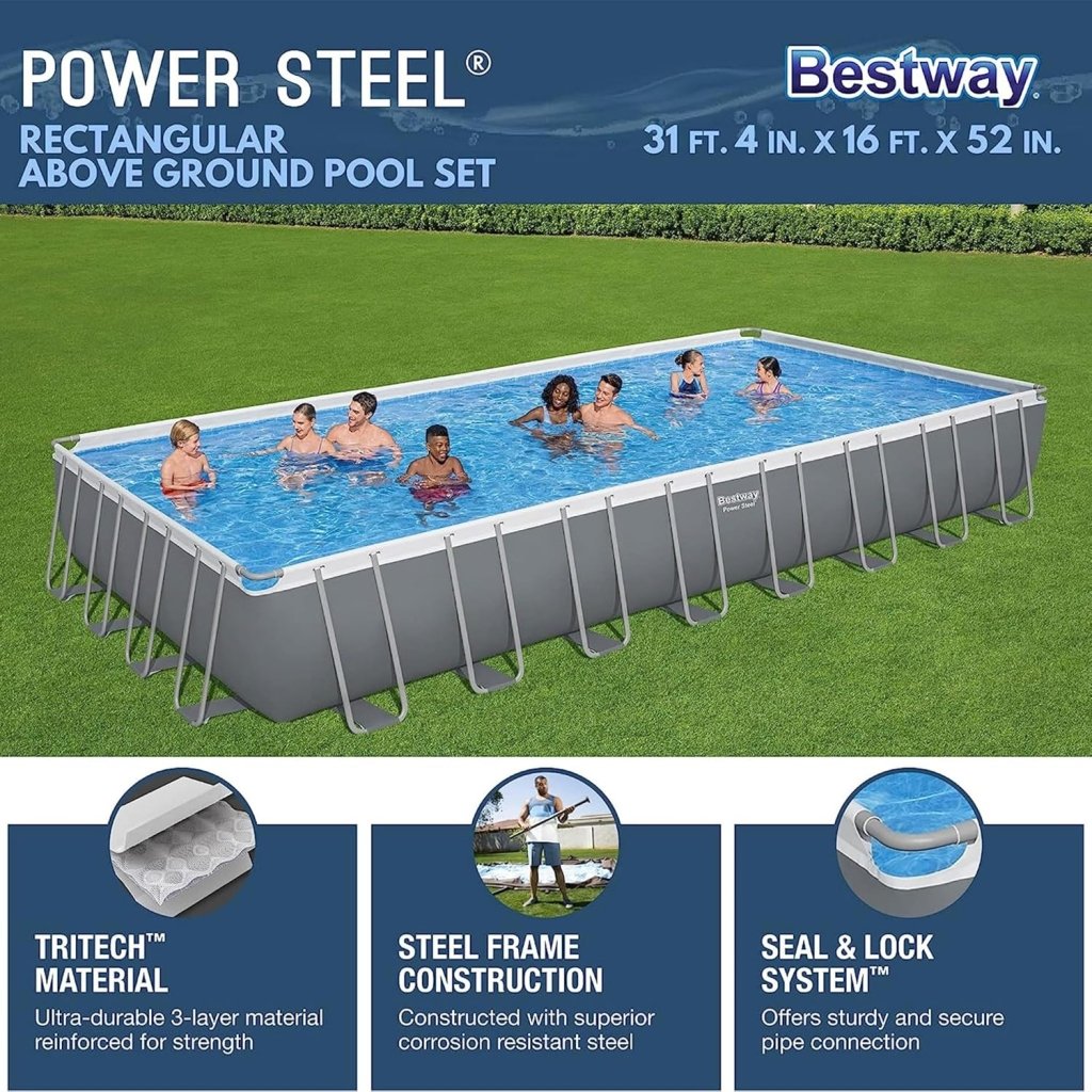 Power Steel 14' x 8'2" x 39.5" Oval Above Ground Pool Set | Includes 530gal Filter Pump, Ladder, ChemConnect Dispener - Wigtrends