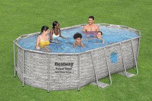 Power Steel 14' x 8'2" x 39.5" Oval Above Ground Pool Set | Includes 530gal Filter Pump, Ladder, ChemConnect Dispener - Wigtrends