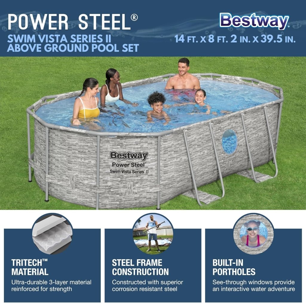 Power Steel Swim Vista Series II 14' x 8' 2" x 39.5" Above Ground Outdoor Swimming Pool Set with 530 GPH Filter Pump, Ladder, and Pool Cover - Wigtrends