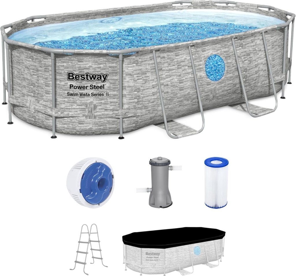 Power Steel Swim Vista Series II 14' x 8' 2" x 39.5" Above Ground Outdoor Swimming Pool Set with 530 GPH Filter Pump, Ladder, and Pool Cover - Wigtrends