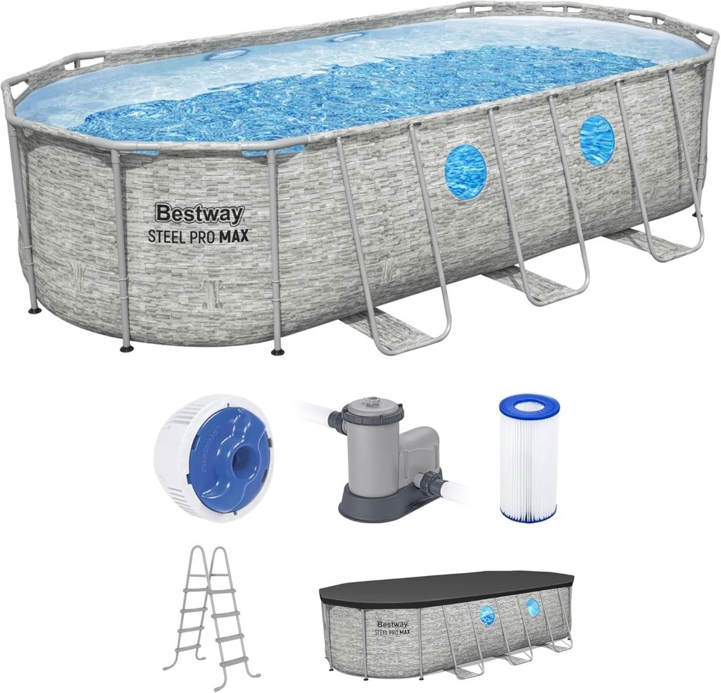 Power Steel Swim Vista Series II 14' x 8' 2" x 39.5" Above Ground Outdoor Swimming Pool Set with 530 GPH Filter Pump, Ladder, and Pool Cover - Wigtrends