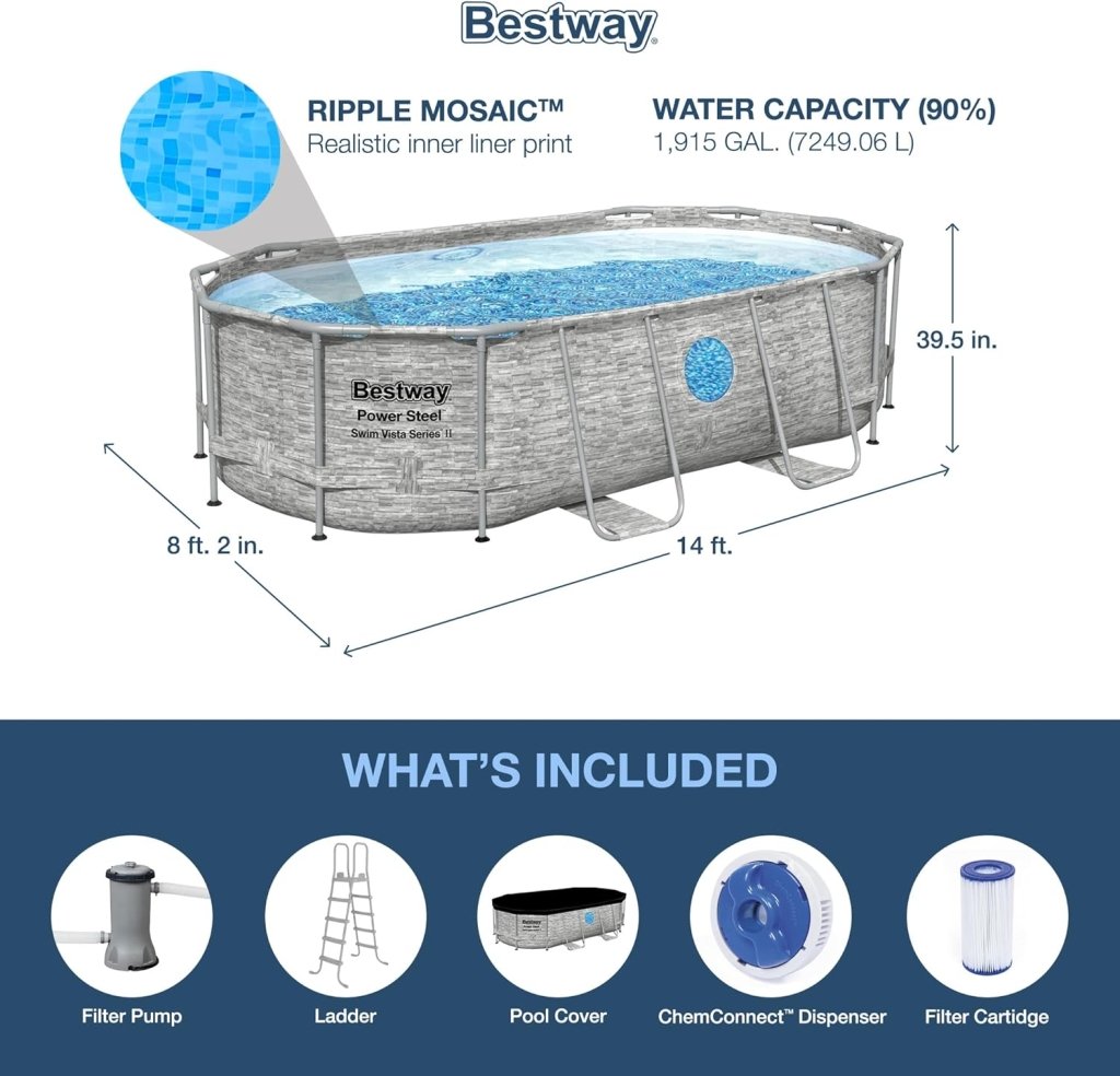 Power Steel Swim Vista Series II 14' x 8' 2" x 39.5" Above Ground Outdoor Swimming Pool Set with 530 GPH Filter Pump, Ladder, and Pool Cover - Wigtrends