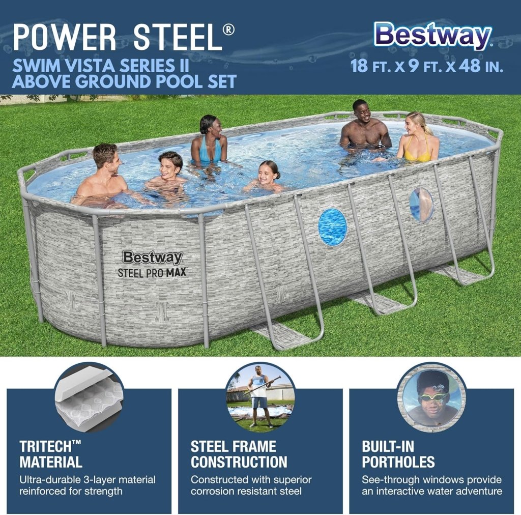 Power Steel Swim Vista Series II 14' x 8' 2" x 39.5" Above Ground Outdoor Swimming Pool Set with 530 GPH Filter Pump, Ladder, and Pool Cover - Wigtrends