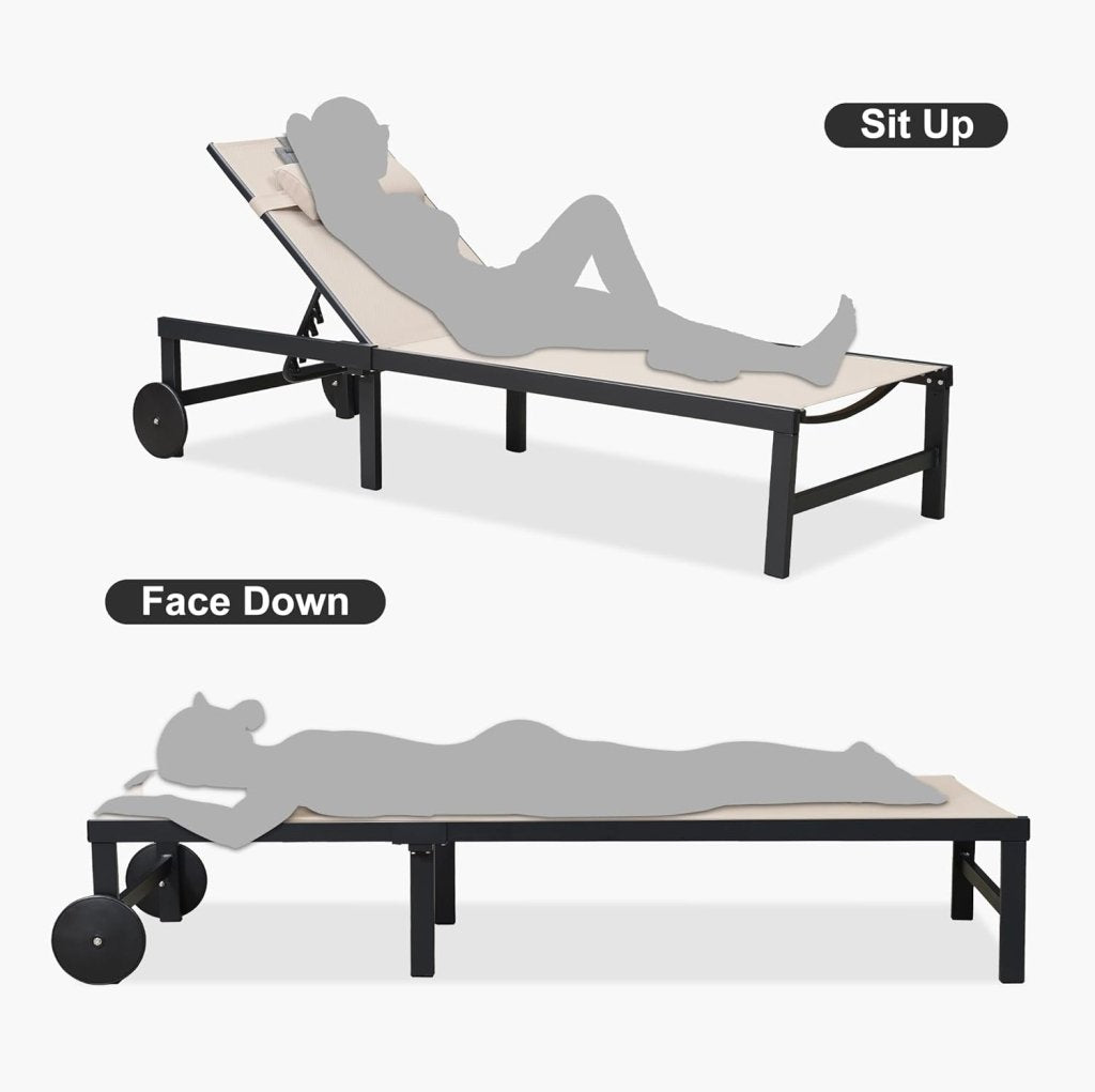 PURPLE LEAF Patio Tanning Lounge Chair Set with Face Down Hole Outdoor Aluminum Adjustable Reclining Chairs Wheels Pillows and Table for Poolside Beach Sunbathing Lounger, Beige - Wigtrends