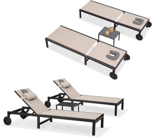 PURPLE LEAF Patio Tanning Lounge Chair Set with Face Down Hole Outdoor Aluminum Adjustable Reclining Chairs Wheels Pillows and Table for Poolside Beach Sunbathing Lounger, Beige - Wigtrends