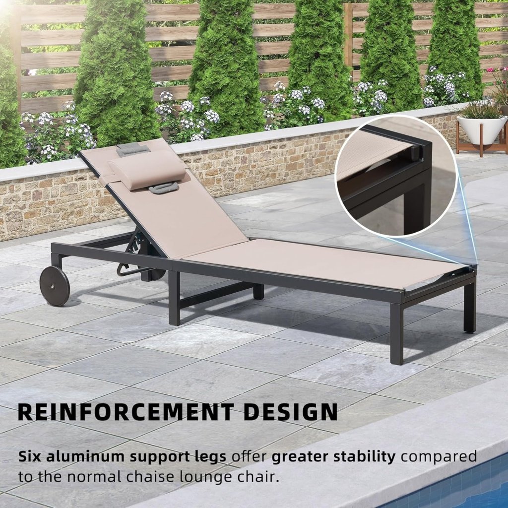 PURPLE LEAF Patio Tanning Lounge Chair Set with Face Down Hole Outdoor Aluminum Adjustable Reclining Chairs Wheels Pillows and Table for Poolside Beach Sunbathing Lounger, Beige - Wigtrends