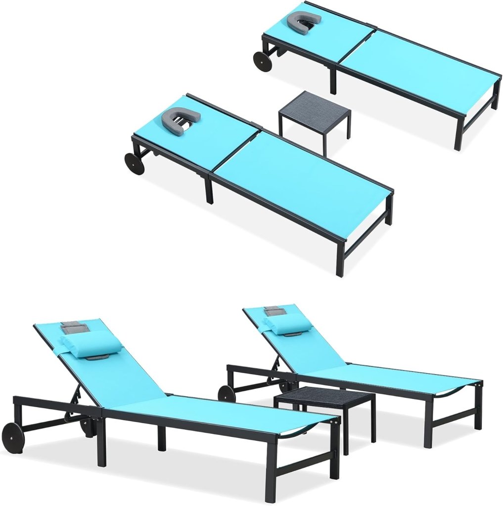 PURPLE LEAF Patio Tanning Lounge Chair Set with Face Down Hole Outdoor Aluminum Adjustable Reclining Chairs Wheels Pillows and Table for Poolside Beach Sunbathing Lounger, Beige - Wigtrends