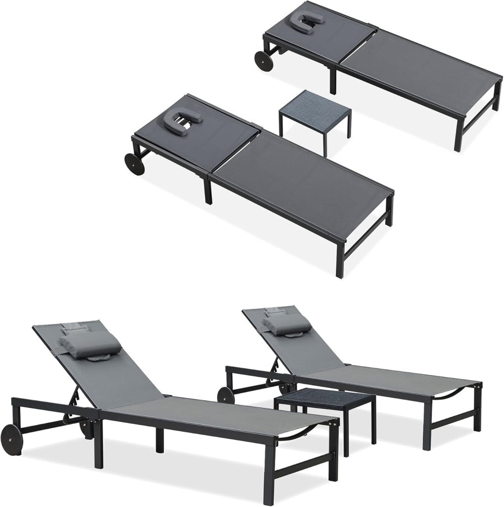 PURPLE LEAF Patio Tanning Lounge Chair Set with Face Down Hole Outdoor Aluminum Adjustable Reclining Chairs Wheels Pillows and Table for Poolside Beach Sunbathing Lounger, Beige - Wigtrends