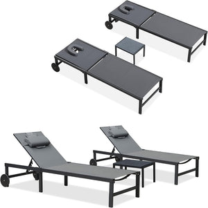 PURPLE LEAF Patio Tanning Lounge Chair Set with Face Down Hole Outdoor Aluminum Adjustable Reclining Chairs Wheels Pillows and Table for Poolside Beach Sunbathing Lounger, Beige - Wigtrends