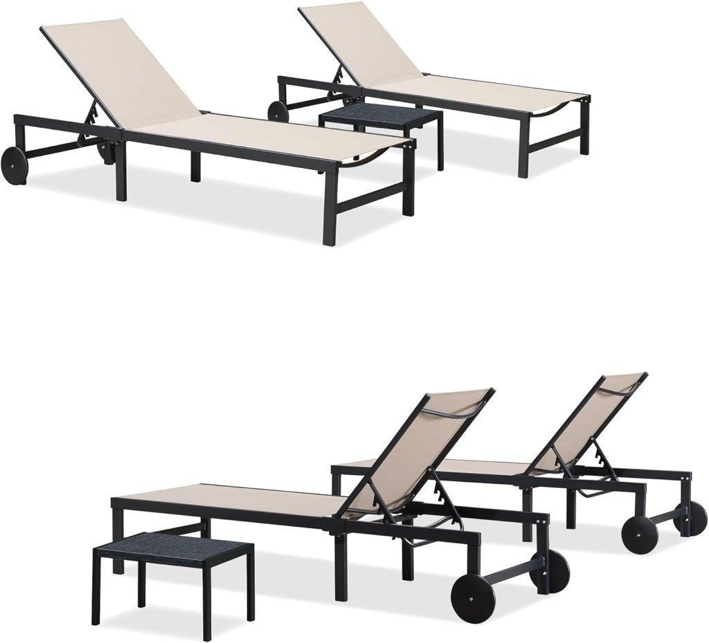 PURPLE LEAF Patio Tanning Lounge Chair Set with Face Down Hole Outdoor Aluminum Adjustable Reclining Chairs Wheels Pillows and Table for Poolside Beach Sunbathing Lounger, Beige - Wigtrends