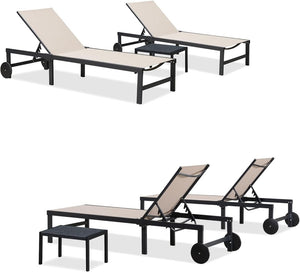PURPLE LEAF Patio Tanning Lounge Chair Set with Face Down Hole Outdoor Aluminum Adjustable Reclining Chairs Wheels Pillows and Table for Poolside Beach Sunbathing Lounger, Beige - Wigtrends