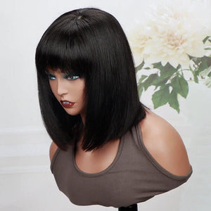 Put On And Go Realistic Glueless Black Straight Bob With Bangs Minimalist Undetectable 5x5 HD Lace Human Hair Wig - Wigtrends