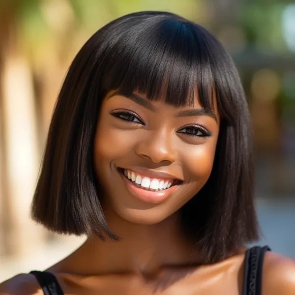 Put On And Go Realistic Glueless Black Straight Bob With Bangs Minimalist Undetectable 5x5 HD Lace Human Hair Wig - Wigtrends