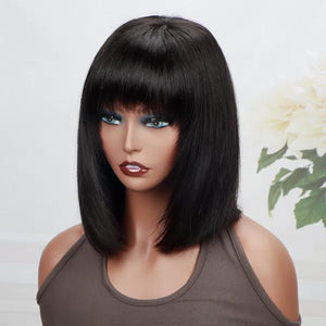 Put On And Go Realistic Glueless Black Straight Bob With Bangs Minimalist Undetectable 5x5 HD Lace Human Hair Wig - Wigtrends