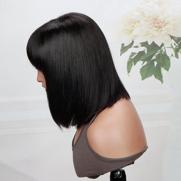 Put On And Go Realistic Glueless Black Straight Bob With Bangs Minimalist Undetectable 5x5 HD Lace Human Hair Wig - Wigtrends