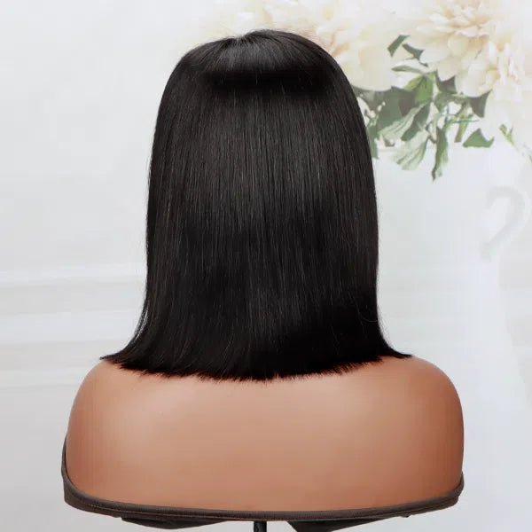 Put On And Go Realistic Glueless Black Straight Bob With Bangs Minimalist Undetectable 5x5 HD Lace Human Hair Wig - Wigtrends