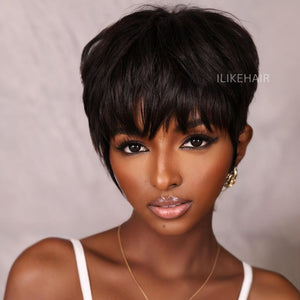 Put on & Go Layered Short Pixie Cut Human Hair Wig With Bang - Wigtrends