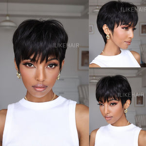 Put on & Go Layered Short Pixie Cut Human Hair Wig With Bang - Wigtrends