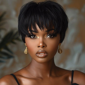 Put on & Go Layered Short Pixie Cut Human Hair Wig With Bang - Wigtrends