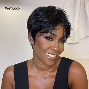 Put on & Go Layered Short Pixie Cut Human Hair Wig With Bang - Wigtrends