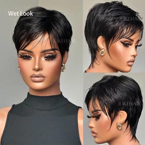 Put on & Go Layered Short Pixie Cut Human Hair Wig With Bang - Wigtrends