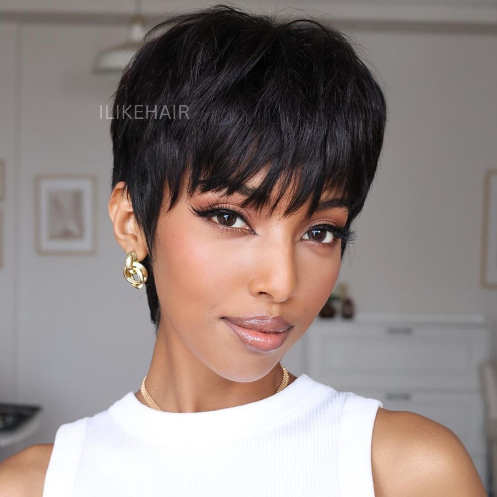 Put on & Go Layered Short Pixie Cut Human Hair Wig With Bang - Wigtrends