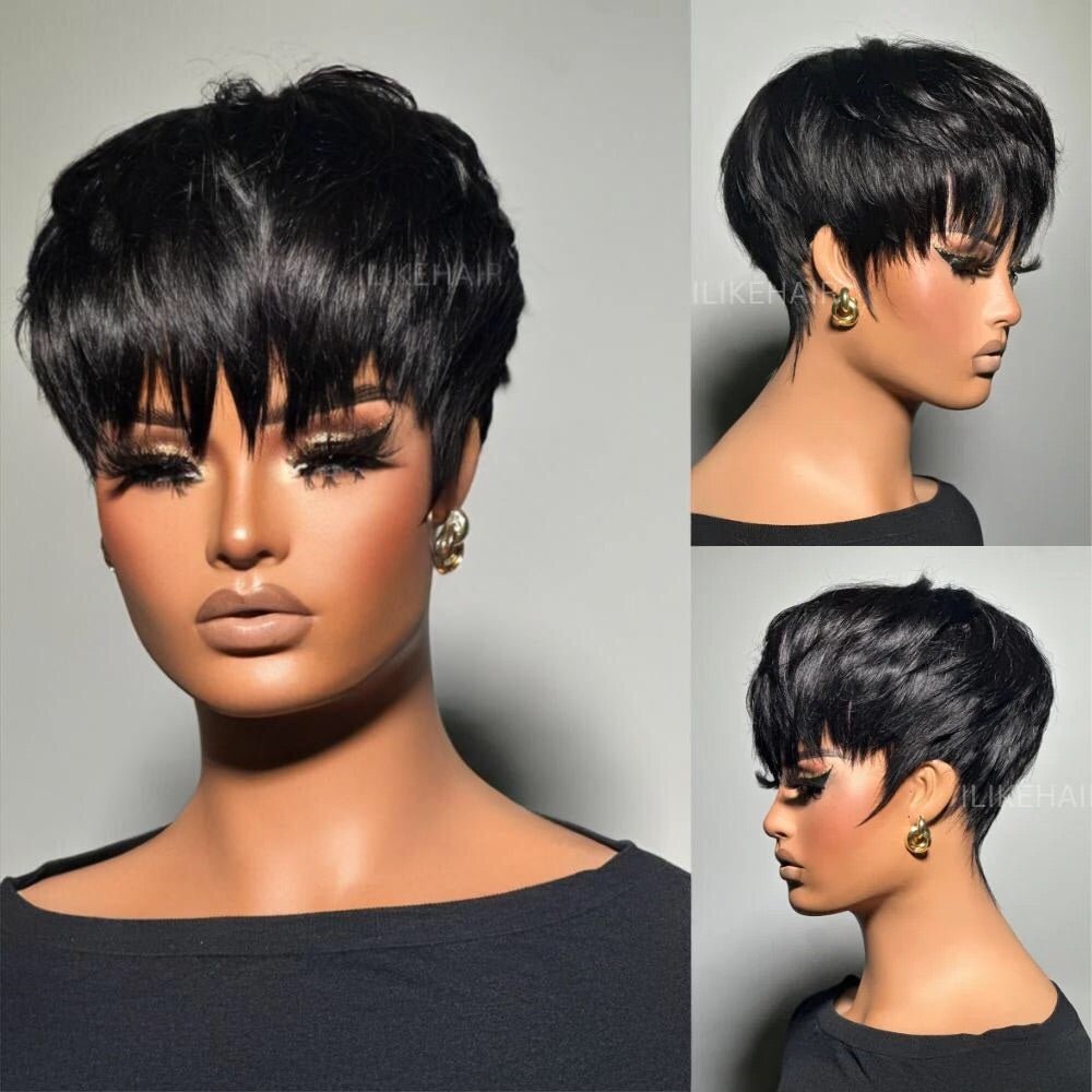 Put on & Go Layered Short Pixie Cut Human Hair Wig With Bang - Wigtrends