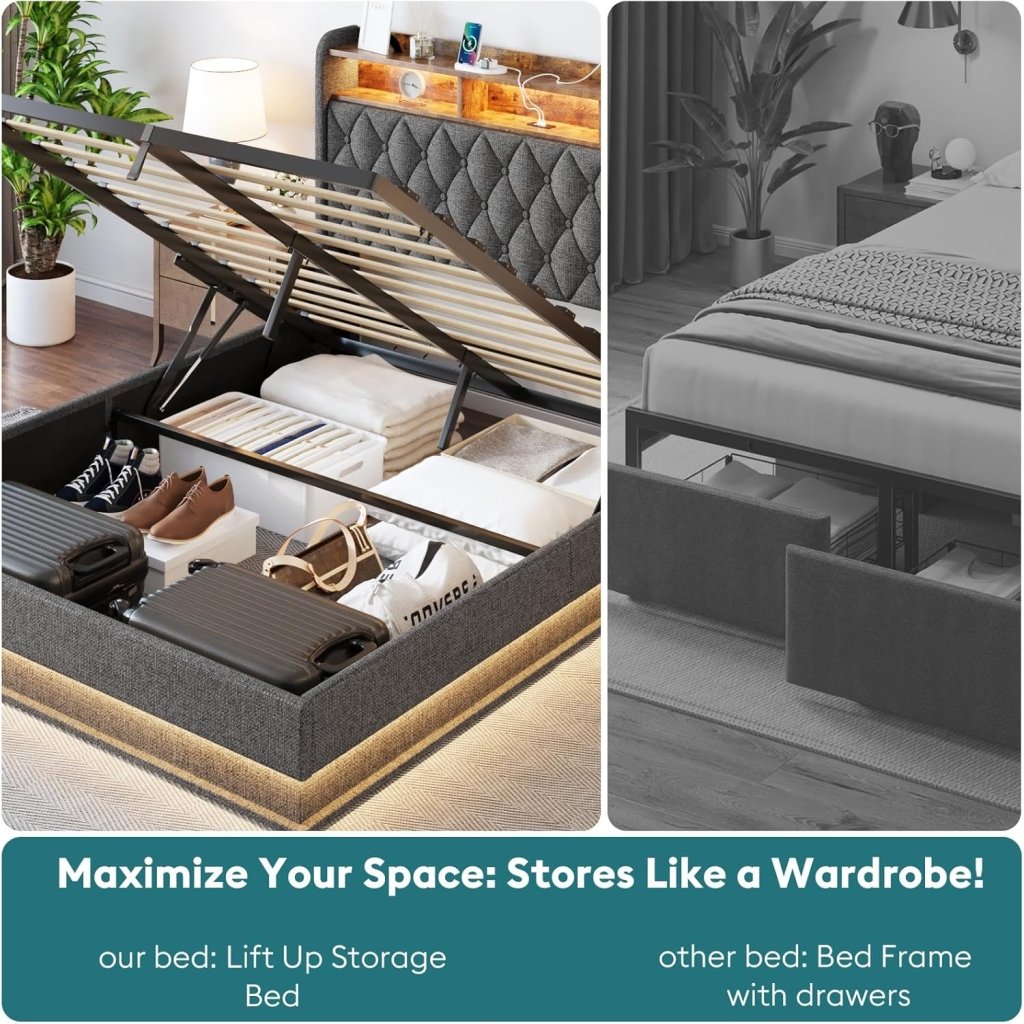 Queen Bed Frame with Storage - Lift Up Queen Size Bed Frame with Headboard, Upholstered Platform Bed with LED Lights & Charging Station, Hydraulic No Box Spring Needed Wood Slats Support, Beige - Wigtrends