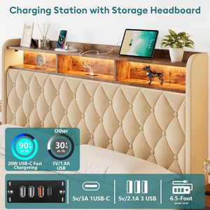 Queen Bed Frame with Storage - Lift Up Queen Size Bed Frame with Headboard, Upholstered Platform Bed with LED Lights & Charging Station, Hydraulic No Box Spring Needed Wood Slats Support, Beige - Wigtrends