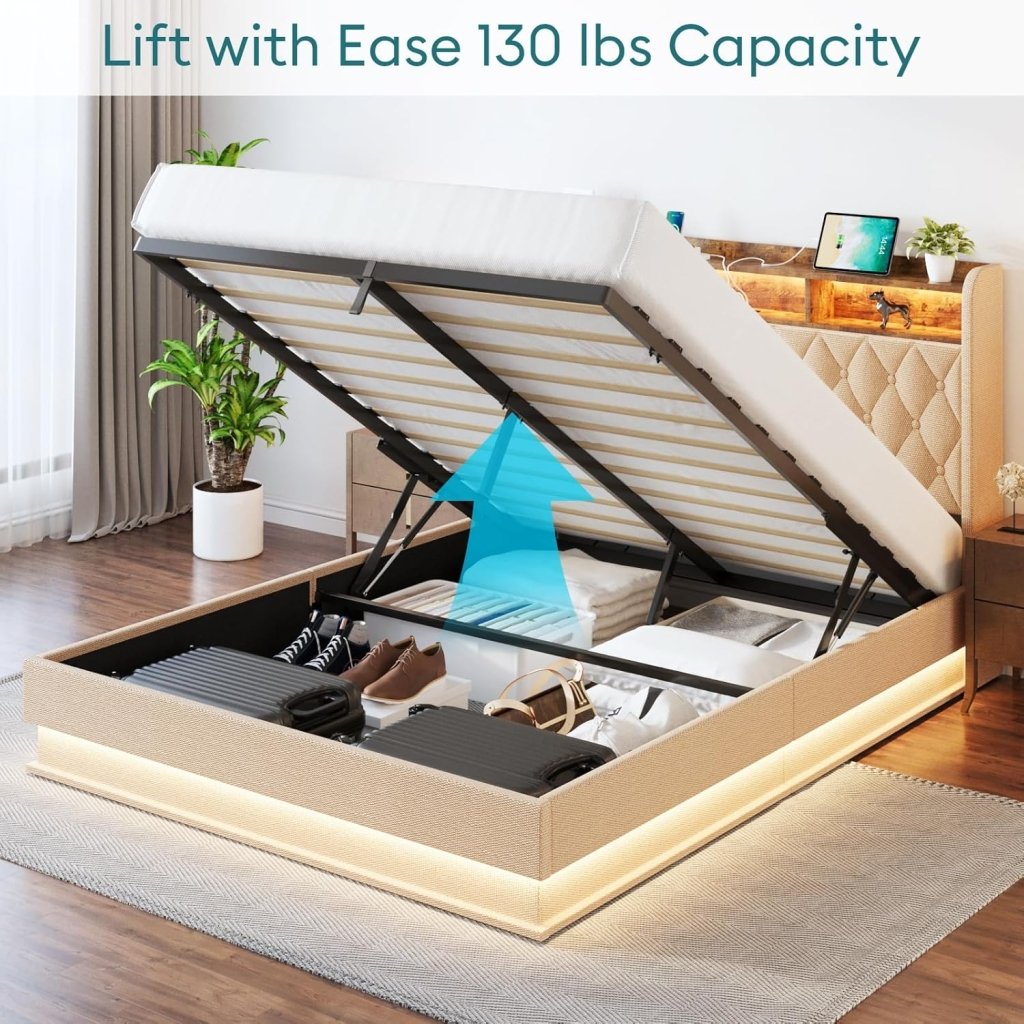 Queen Bed Frame with Storage - Lift Up Queen Size Bed Frame with Headboard, Upholstered Platform Bed with LED Lights & Charging Station, Hydraulic No Box Spring Needed Wood Slats Support, Beige - Wigtrends